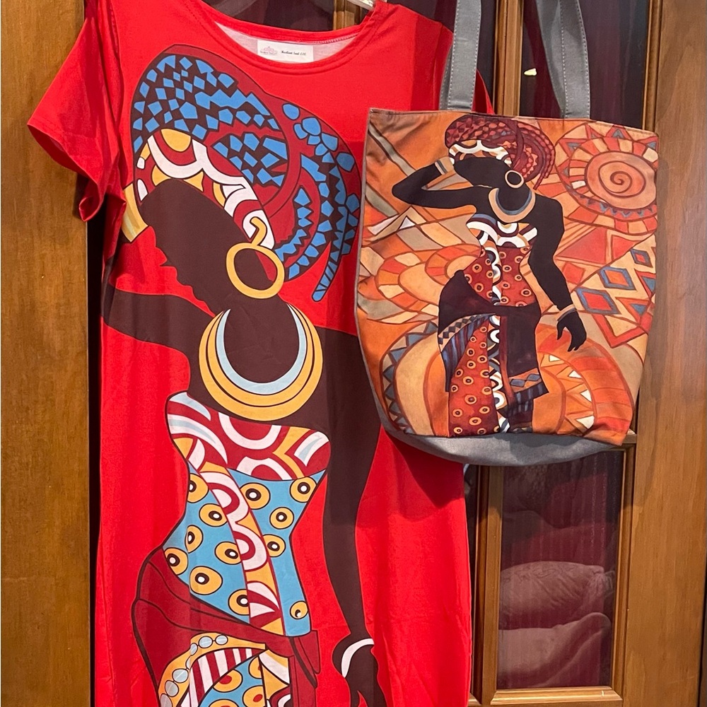 #27 Beautiful Graphic Dress and Tote Bag with African Art NWOT